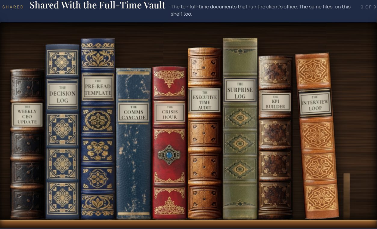Shared With the Full-Time Vault shelf: The Weekly CEO Update, The Decision Log, The Pre-Read Template, The Comms Cascade Planner, The Crisis Comms One-Pager, The Executive Time Portfolio Audit, The Surprise News Log, The KPI Builder, The CoS Interview Loop Kit, The Chief of Staff JD Architect