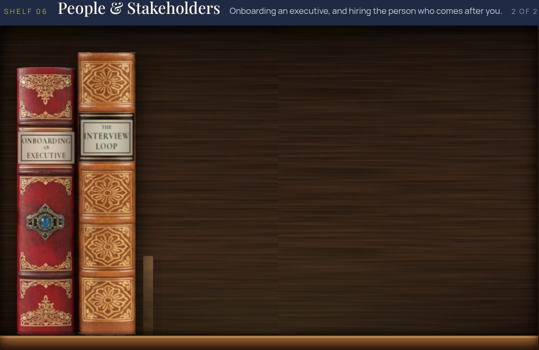 People & Stakeholders shelf: The Executive Onboarding Runbook, The CoS Interview Loop Kit